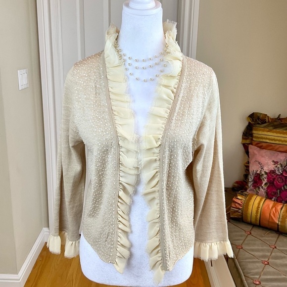 remain Sweaters - Remain Sweater Cardigan Wool Blend with Sequins & Ruffles in Beige Retro (M)